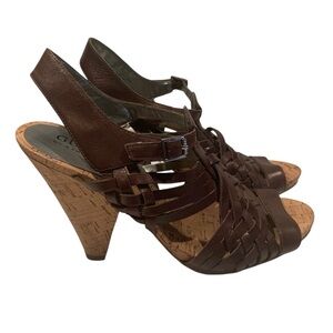 Guess Sandals by MARCIANO Braided Leather Cork Soles Heels 3-3.5” Brown Size 7.5